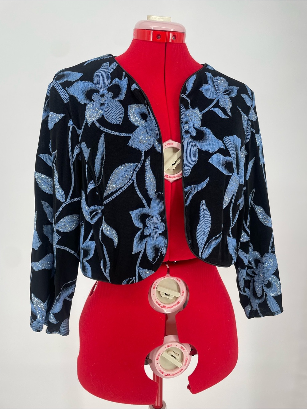 90s Y2K Black & Blue Onyx Nite Floral Cropped Bolero Jacket Silver Glitters